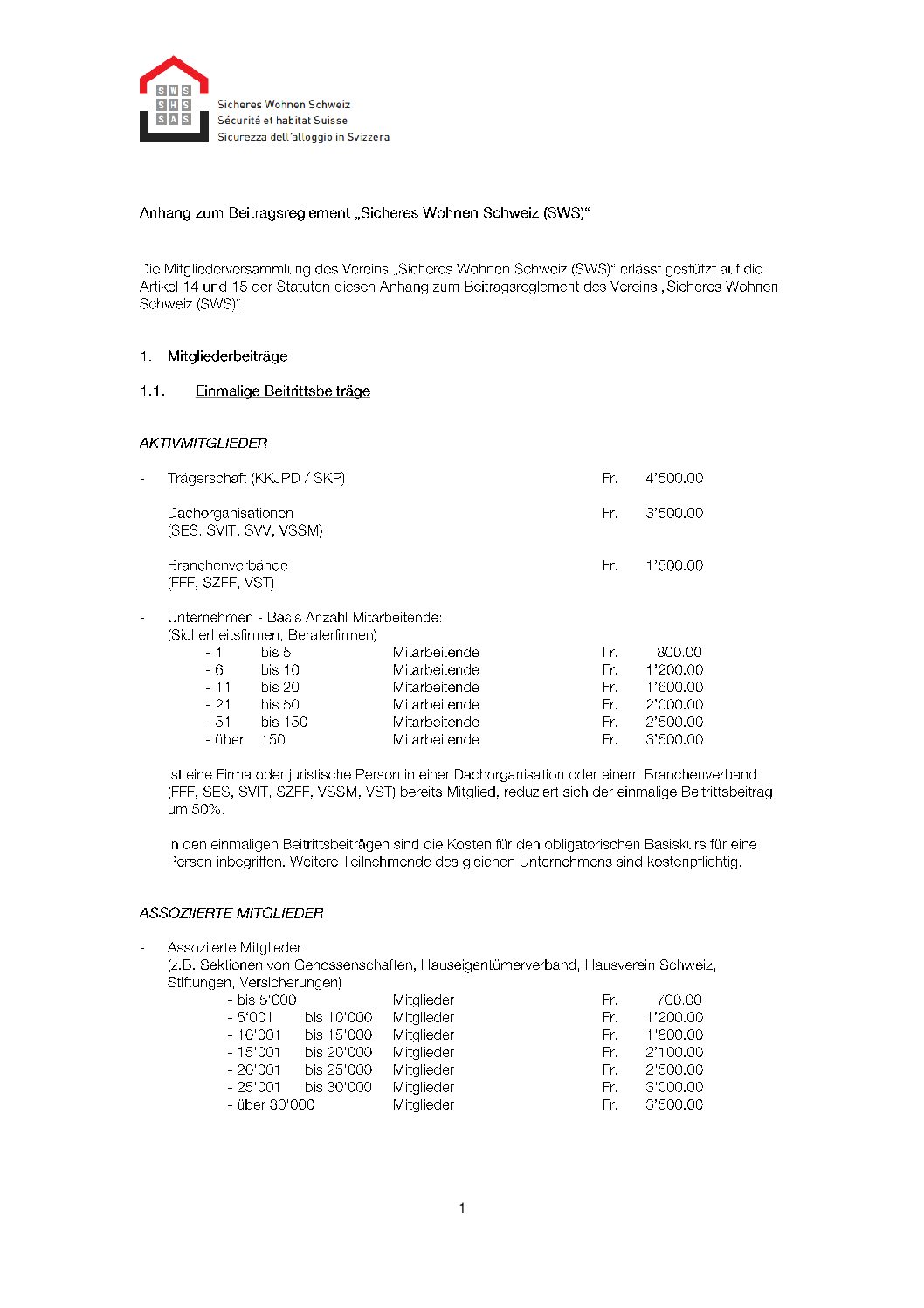 Anhang zum Beitragsreglement «Sicheres Wohnen Schweiz (SWS)»