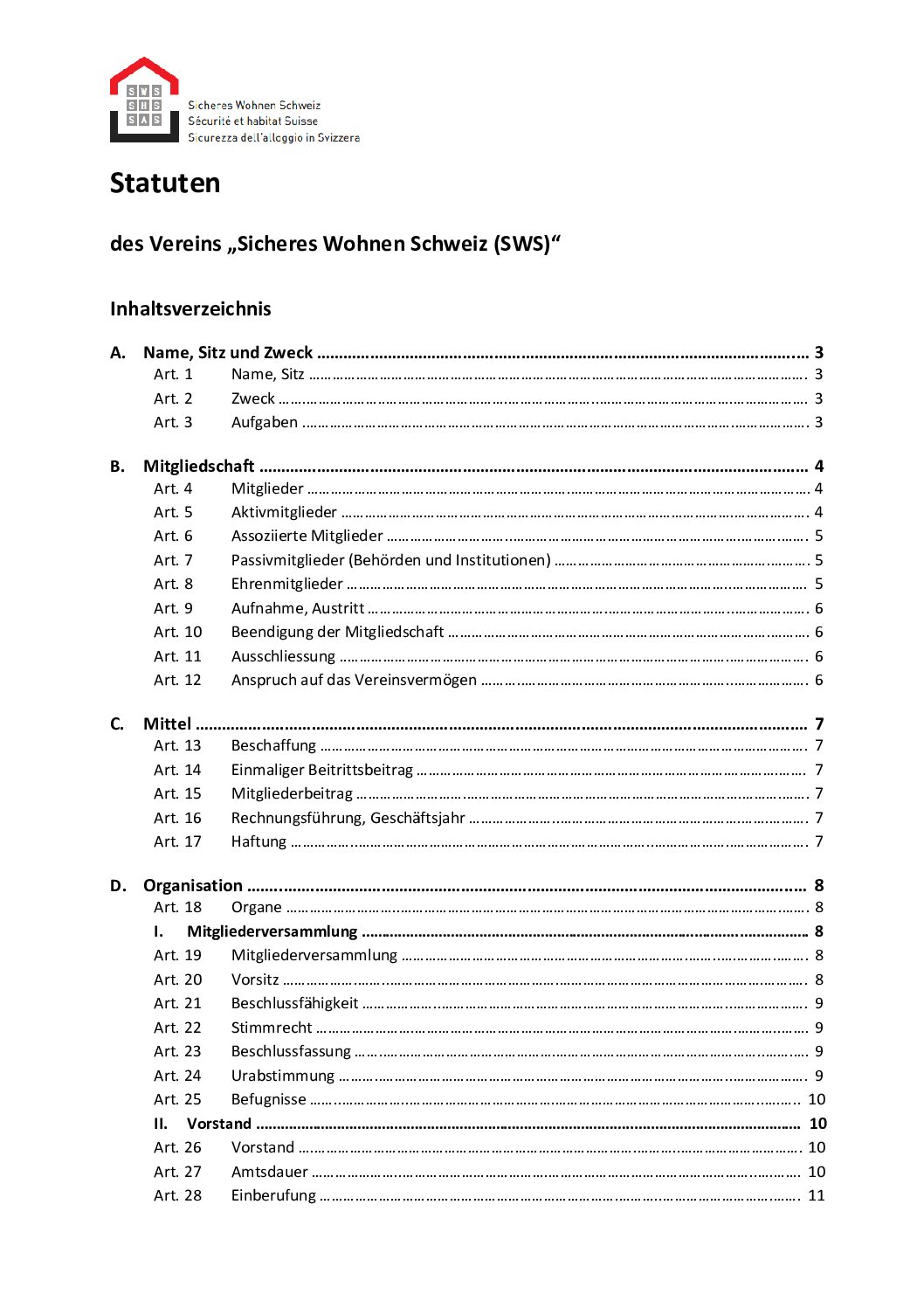 Statuten des Vereins «Sicheres Wohnen Schweiz (SWS)»